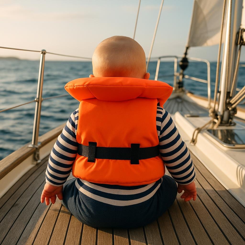 Bébé de dos portant un gilet de sauvetage orange sur le pont d'un voilier