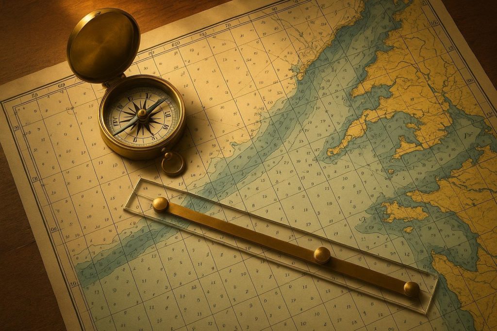 Carte nautique avec compas de navigation pour mesurer les milles nautiques